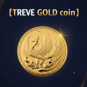 「【TREVE GOLD coin】」のロゴが上部に配された、星屑のような光が舞う深いネイビーの背景。中央には、精巧な鳳凰の意匠が施された黄金に輝く地金型金貨が鎮座している。縁のドット装飾や羽の一枚一枚まで鮮明に映し出され、高松市の金買取専門店「TREVE」による、金貨の真贋と品位を厳格に見極める専門査定イメージ。