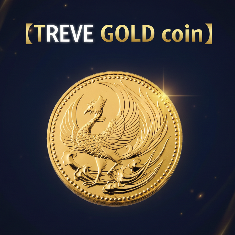 「【TREVE GOLD coin】」のロゴが上部に配された、星屑のような光が舞う深いネイビーの背景。中央には、精巧な鳳凰の意匠が施された黄金に輝く地金型金貨が鎮座している。縁のドット装飾や羽の一枚一枚まで鮮明に映し出され、高松市の金買取専門店「TREVE」による、金貨の真贋と品位を厳格に見極める専門査定イメージ。