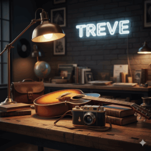 「TREVE」のネオンサインが青白く光る、レンガ壁のおしゃれなアトリエ風デスク。手前にはサンバースト塗装が美しいアコースティックギターが横たわり、その前にはクラシックなライカ風のレンジファインダーカメラが置かれている。背後の棚には古書や地球儀、革バッグが並び、温かいデスクライトが趣味の逸品を照らし出す、高松市の総合買取専門店「TREVE」の情緒溢れる査定シーン。