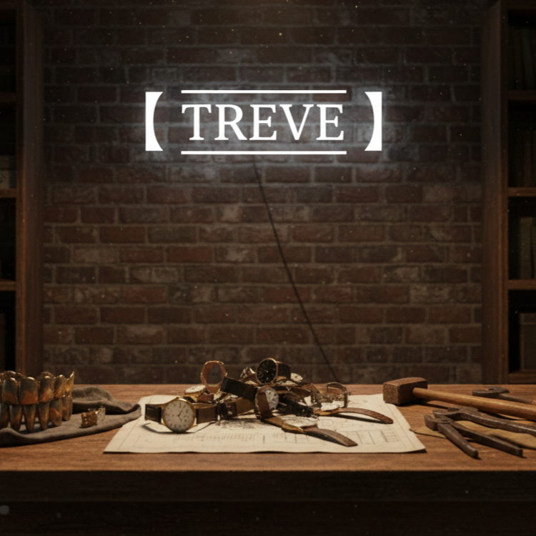「【TREVE】」のホワイトロゴがレンガ壁に浮かび上がる、ヴィンテージ感漂うアトリエ風の査定スタジオ。温かいペンダントライトの下、木製の作業テーブルには多数のアンティーク腕時計、金無垢の金歯（ブリッジ）、そして設計図のような書類が並んでいる。傍らには使い込まれたハンマーやプライヤーなどの工具が置かれ、高松市の買取専門店「TREVE」が、古い時計のムーブメントや貴金属の純度を一点ずつ丁寧に鑑定する、職人気質の査定シーンを表現したイメージ。