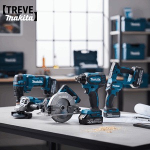 「【TREVE】Makita」のロゴが左上に配された、プロ仕様のワークスペース。グレーの作業台の上には、マキタ（Makita）の最新40Vmaxシリーズのインパクトドライバ、丸ノコ、ディスクグラインダ、レシプロソーが並んでいる。背景には整理された工具箱の棚と図面が置かれ、現場の第一線で活躍する機材を見極める、高松市の工具買取専門店「TREVE」の専門査定イメージ。