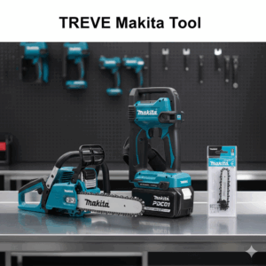 「TREVE Makita Tool」のロゴが掲げられた整備室のステンレスデスク。手前にはマキタ(Makita)製の青い充電式チェーンソー、中央には大容量ポータブル電源PDC01が鎮座し、右側には交換用のソーチェーンがパッケージのまま並んでいる。背景の黒いペグボードには他のマキタ製電動工具が整然と吊るされ、高松市の工具買取専門店「TREVE」によるプロ仕様機器の査定イメージ。