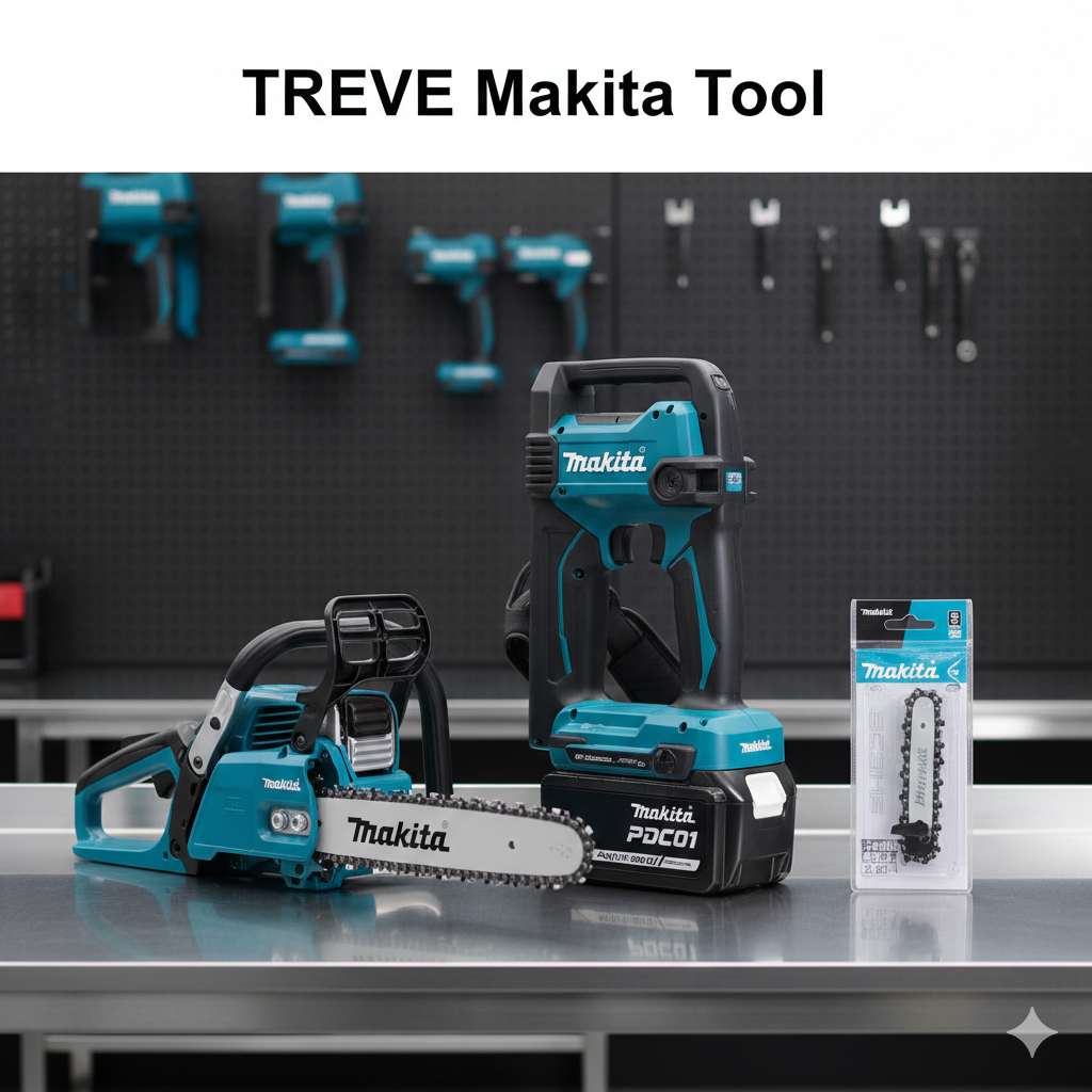 「TREVE Makita Tool」のロゴが掲げられた整備室のステンレスデスク。手前にはマキタ（Makita）製の青い充電式チェーンソー、中央には大容量ポータブル電源PDC01が鎮座し、右側には交換用のソーチェーンがパッケージのまま並んでいる。背景の黒いペグボードには他のマキタ製電動工具が整然と吊るされ、高松市の工具買取専門店「TREVE」によるプロ仕様機器の査定イメージ。