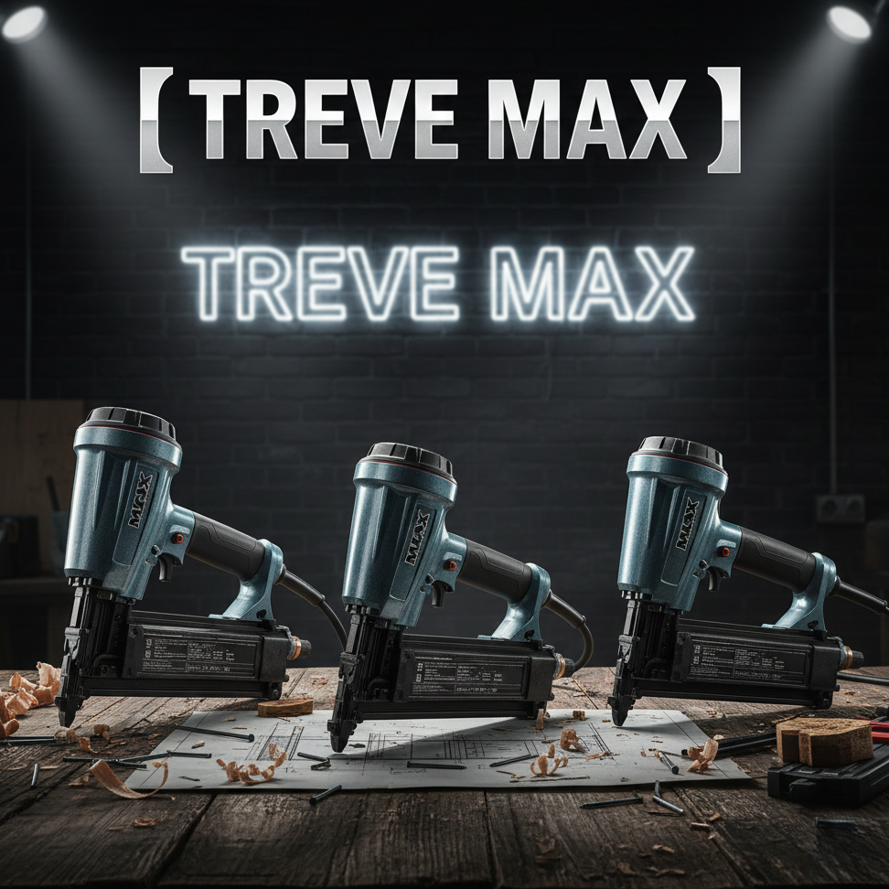 「【TREVE MAX】」のシルバーロゴとネオンサインが背後に輝く、重厚なレンガ壁のワークショップ。使い込まれた木製作業台の上には、マックス（MAX）の象徴的なメタリックブルーを纏った高圧釘打機（スーパーネイラ）が3台、図面の上に並んでいる。周囲には木屑や釘が散らばり、現場の臨場感とともに、高松市の工具買取専門店「TREVE」がプロ仕様のエア工具の動作精度と価値を厳格に見極める専門査定イメージ。