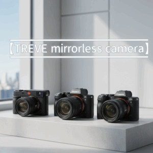 「【TREVE mirrorless camera】」のホワイトロゴが窓外の都市風景とともに浮かび上がる、明るくミニマルな査定ラウンジ。清潔感のあるホワイトの展示台には、左から赤いバッジが象徴的な「ライカ(Leica)」、中央に「ソニー(Sony)α」シリーズ、右に「キヤノン(Canon)EOS」シリーズの最新ミラーレス一眼カメラが並んでいる。高松市のカメラ買取専門店「TREVE」が、デジタル一眼のイメージセンサーの状態やシャッター回数、レンズの光学性能を精密に鑑定する様子を表現したイメージ。