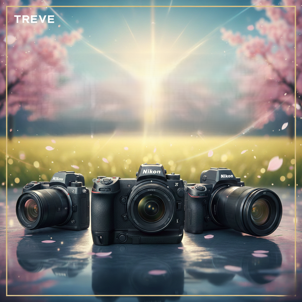 「TREVE」のロゴが左上に配された、満開の桜と柔らかな春の陽光が広がる背景。手前の反射する路面には、ニコン（Nikon）のフラッグシップ機「Z 9」を中心に、最新のZシリーズミラーレスカメラ3台が並んでいる。桜の花びらが舞う幻想的なロケーションで、最新の光学技術と機材のコンディションを見極める、高松市のカメラ買取専門店「TREVE」の専門査定イメージ。