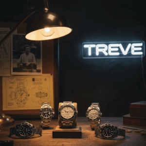 「TREVE」のネオンサインが輝くシックな査定デスクに並ぶ、ロレックス（ROLEX）のサブマリーナーやエクスプローラーなどのスポーツモデル5本。中央の時計は専用スタンドに飾られ、背景には時計のデザイン設計図やヴィンテージ写真が掲示されている。暖色のデスクライトが高級感を演出する、高松市の時計買取専門店「TREVE」の専門査定シーン。