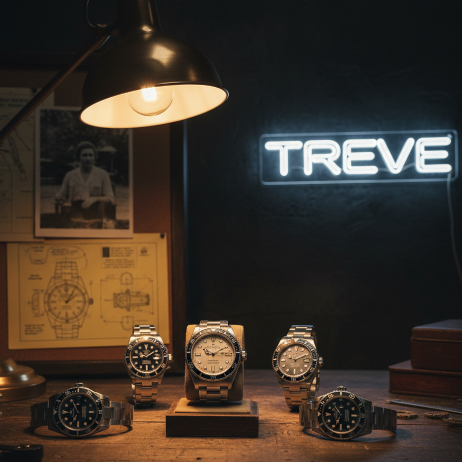 「TREVE」のネオンサインが輝くシックな査定デスクに並ぶ、ロレックス（ROLEX）のサブマリーナーやエクスプローラーなどのスポーツモデル5本。中央の時計は専用スタンドに飾られ、背景には時計のデザイン設計図やヴィンテージ写真が掲示されている。暖色のデスクライトが高級感を演出する、高松市の時計買取専門店「TREVE」の専門査定シーン。