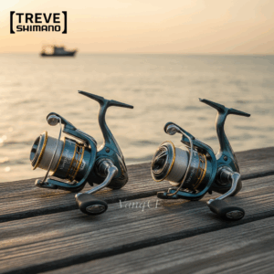 「【TREVE】SHIMANO」のロゴが左上に配された、夕刻の穏やかな海を望むウッドデッキ。中央には、シマノ(SHIMANO)の最高峰スピニングリールである「ステラ」や「ヴァンキッシュ」を彷彿とさせる、美しい青緑色のボディとゴールドの装飾が施されたリールが2台並んでいる。背景には遠くに漁船が浮かび、過酷なフィールドで信頼される精密機材を評価する、高松市の釣具買取専門店「TREVE」の専門査定イメージ。