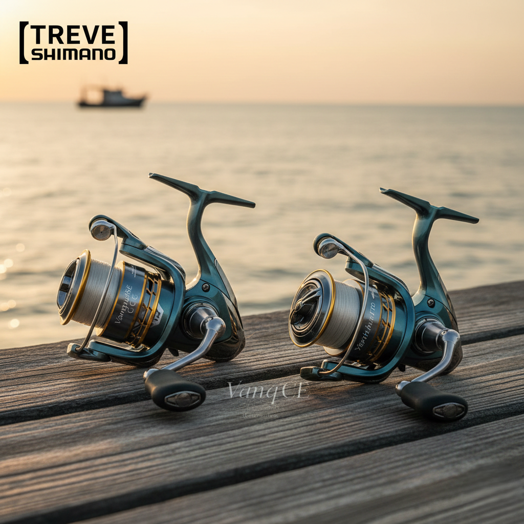 「【TREVE】SHIMANO」のロゴが左上に配された、夕刻の穏やかな海を望むウッドデッキ。中央には、シマノ（SHIMANO）の最高峰スピニングリールである「ステラ」や「ヴァンキッシュ」を彷彿とさせる、美しい青緑色のボディとゴールドの装飾が施されたリールが2台並んでいる。背景には遠くに漁船が浮かび、過酷なフィールドで信頼される精密機材を評価する、高松市の釣具買取専門店「TREVE」の専門査定イメージ。