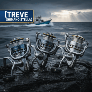「【TREVE SHIMANO STELLA】」のロゴが左上に配された、荒々しくも美しい夕暮れの磯場。濡れた黒岩の上には、シマノ(SHIMANO)のフラッグシップモデル「ステラ」が3世代並んで置かれている。背景には白波を立てて進む漁船と雲間から差し込む光が映し出され、高松市の釣具買取専門店「TREVE」による、過酷な環境で使用された最高級リールの耐久性と価値を見極める専門査定イメージ。