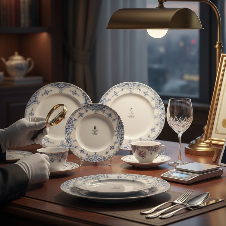 夜景が見える書斎のデスクで、白い手袋をはめた鑑定士がルーペを使い、ブランド食器を精査している画像。デスクにはロイヤルコペンハーゲン風のブルーフルーテッドの皿や、マイセン風のティーカップ、クリスタルグラスが並んでいる。傍らには「Luxury Tableware Appraisal」の鑑定書類と、上昇する相場グラフが表示されたタブレットが置かれた、高松市の食器買取専門店「TREVE」の査定シーン。