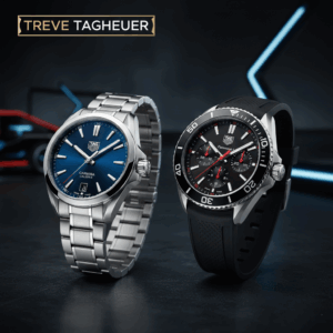「TREVE TAGHEUER」のロゴが上部に配された、サイバーパンク風のネオンが輝くダークな背景。左側には青い文字盤とステンレスブレスがスタイリッシュな「カレラ」、右側には黒い文字盤に赤い差し色が映えるラバーベルト仕様の「アクアレーサー」クロノグラフが並んでいる。高松市の時計買取専門店「TREVE」による、スポーティーかつラグジュアリーな人気モデルの専門査定イメージ。