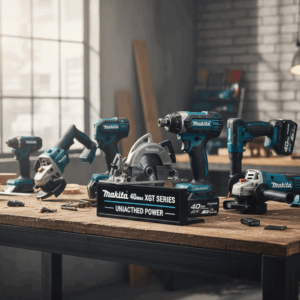 「Makita 40max XGT SERIES」のプレートが置かれた木製作業台に、マキタ（Makita）のブルーカラーが映える電動工具が並んでいる画像。インパクトドライバー、丸ノコ、ディスクグラインダーなどの最新40Vmaxシリーズが複数台配置され、背景には明るい日差しが差し込む工房が見える。高松市の工具買取専門店「TREVE」の査定イメージ。
