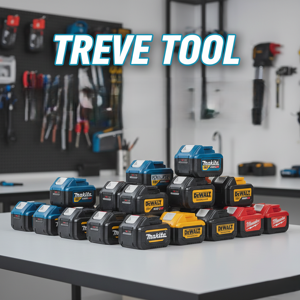 「TREVE TOOL」のロゴが背景に配置された白い作業デスクに、マキタ（Makita）のブルー、デウォルト（DEWALT）のイエロー、ミルウォーキー（Milwaukee）のレッドなど、各社の高出力リチウムイオンバッテリーがピラミッド状に積み上げられている。背景の壁面ボードには数々のハンドツールが整然と並び、プロフェッショナルな整備環境での一斉査定をイメージした一枚。