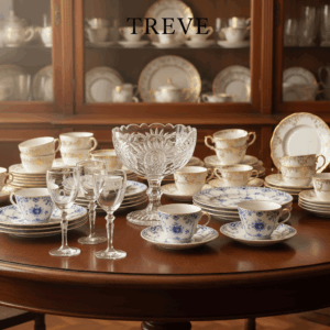 「TREVE」のロゴが中央上部に配された、気品あるダイニングルーム。円形のウッドテーブルの上には、ブルーの繊細な絵付けが施されたマイセン（Meissen）風のティーカップ＆ソーサーや、中央で輝きを放つバカラ（Baccarat）風の大型クリスタルボウル、ワイングラスが美しく並べられている。背景のキャビネットには金彩のプレートがディスプレイされ、高松市の買取専門店「TREVE」による高級食器の査定イメージ。