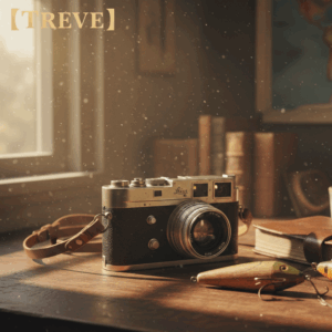 「【TREVE】」の金色のロゴが左上に配された、柔らかな陽光が差し込む窓際のデスク。中央には革製ストラップが付いたシルバーと黒のクラシックなライカ(Leica)Mシリーズのレンジファインダーカメラが置かれ、傍らには古い革装丁の本と木彫りのルアーが添えられている。埃が光に舞うノスタルジックな空気感の中で、歴史的価値のある精密機器を見極める、高松市の買取専門店「TREVE」の専門査定イメージ。