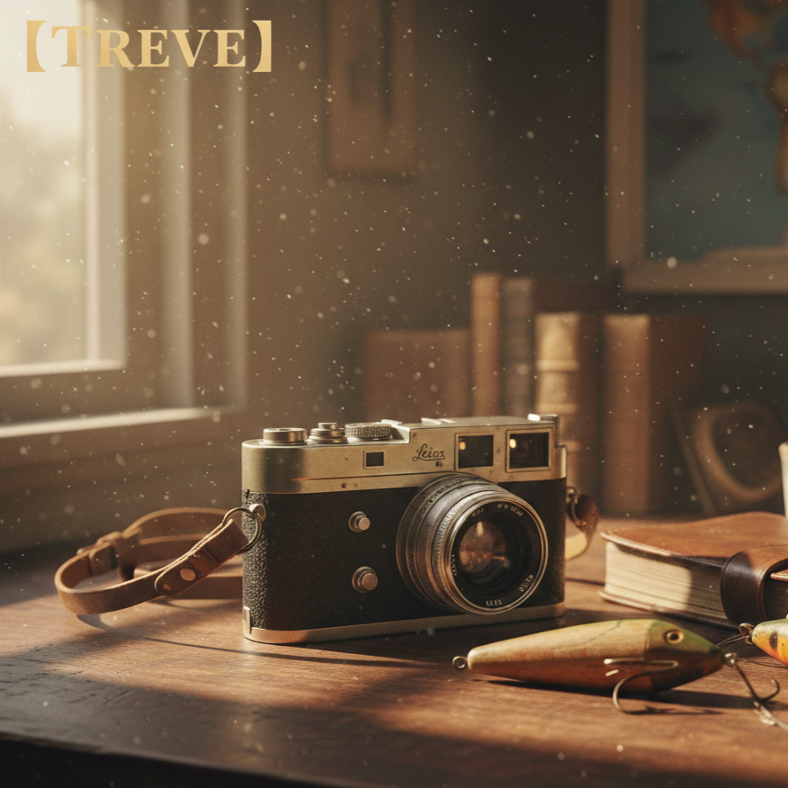 「【TREVE】」の金色のロゴが左上に配された、柔らかな陽光が差し込む窓際のデスク。中央には革製ストラップが付いたシルバーと黒のクラシックなライカ（Leica）Mシリーズのレンジファインダーカメラが置かれ、傍らには古い革装丁の本と木彫りのルアーが添えられている。埃が光に舞うノスタルジックな空気感の中で、歴史的価値のある精密機器を見極める、高松市の買取専門店「TREVE」の専門査定イメージ。
