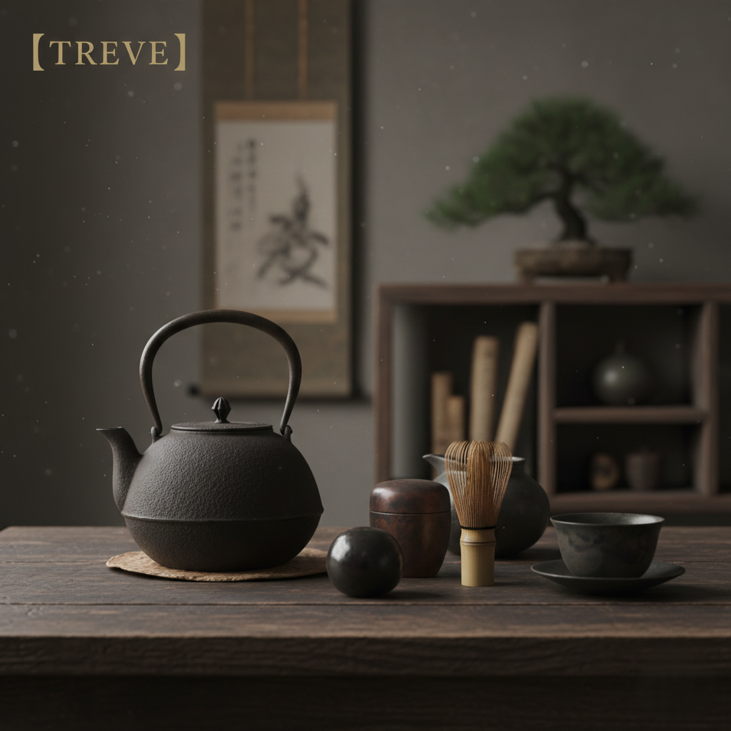 「【TREVE】」の金色のロゴが左上に配された、静謐な和の空間。手前の使い込まれた木のテーブルには、重厚な黒の鉄瓶、漆塗りの茶器、茶筅、そして味わい深い茶碗が並んでいる。背景には掛け軸と丹精に手入れされた盆栽が置かれ、高松市の買取専門店「TREVE」による、伝統ある工芸品や骨董品の価値を丁寧に見極める査定イメージ。
