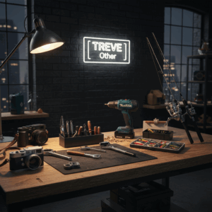 「【TREVE Other】」のホワイトネオンロゴが黒レンガの壁に映える、夜のガレージ風スタジオ。使い込まれたウッドデスクの上には、ライカ風のクラシックカメラ2台、マキタの電動ドリル、精密なレンチセット、ルアーケース、そして2本のロッドが装着されたスピニングリールが並んでいる。デスクライトの温かな光が各機材の質感を際立たせ、高松市の買取専門店「TREVE」があらゆる趣味の逸品をプロの視点で精密査定する様子を表現している。