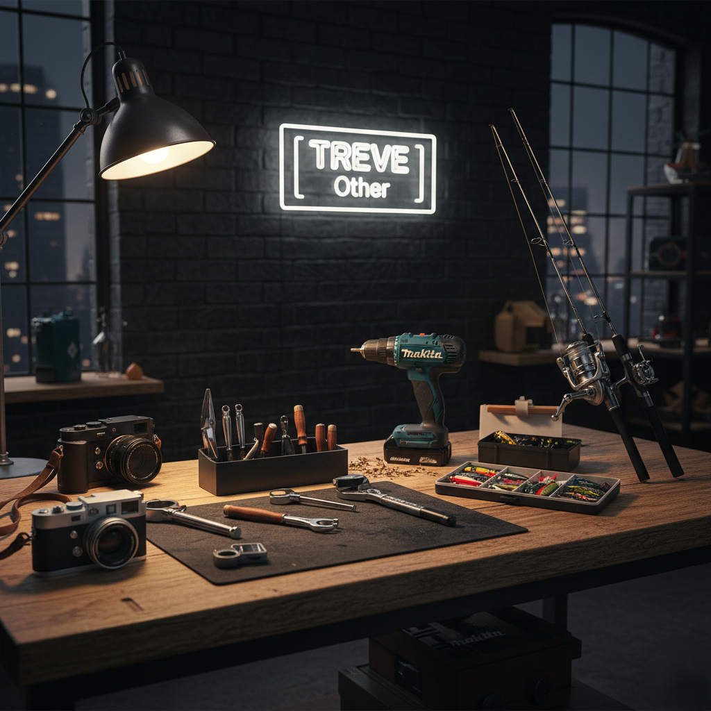 「【TREVE Other】」のホワイトネオンロゴが黒レンガの壁に映える、夜のガレージ風スタジオ。使い込まれたウッドデスクの上には、ライカ風のクラシックカメラ2台、マキタの電動ドリル、精密なレンチセット、ルアーケース、そして2本のロッドが装着されたスピニングリールが並んでいる。デスクライトの温かな光が各機材の質感を際立たせ、高松市の買取専門店「TREVE」があらゆる趣味の逸品をプロの視点で精密査定する様子を表現している。