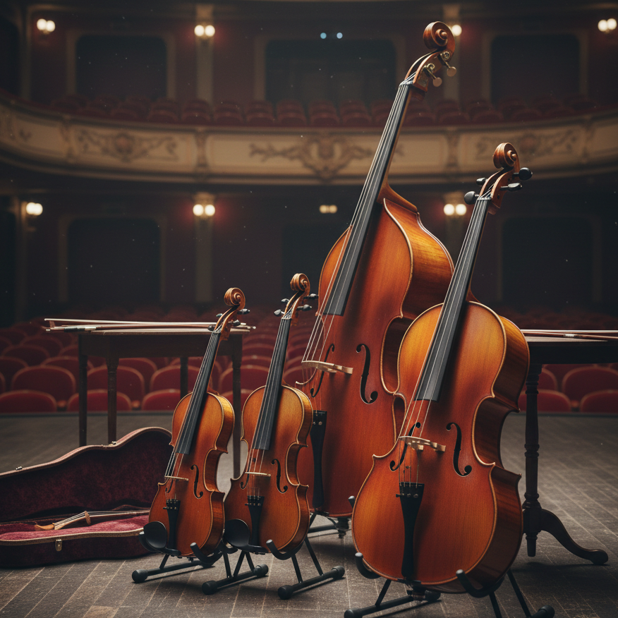 荘厳な劇場のステージに並べられた、ヤマハ（YAMAHA）などのバイオリン、ビオラ、チェロ、コントラバスの弦楽器セット。美しい木目が映える楽器が専用スタンドに配置され、傍らには開いたハードケースと弓が置かれている。背景には無人の赤い客席が広がる、高松市の楽器買取専門店「TREVE」の重厚な査定イメージ。