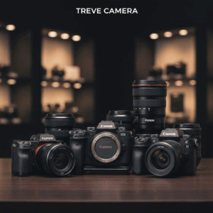 「TREVE CAMERA」のロゴが上部に配された、高級感のある暗色背景のショップカウンター。中央にはキヤノン(Canon)のフルサイズミラーレス一眼「EOS」シリーズのボディ3台が並び、その背後には存在感のある望遠レンズや単焦点レンズが重厚にディスプレイされている。高松市のカメラ買取専門店「TREVE」による、最新のデジタル一眼レフ・ミラーレスカメラの専門査定イメージ。