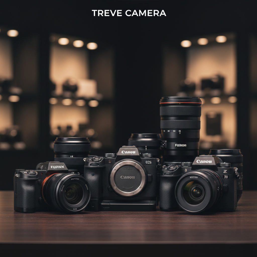 「TREVE CAMERA」のロゴが上部に配された、高級感のある暗色背景のショップカウンター。中央にはキヤノン（Canon）のフルサイズミラーレス一眼「EOS」シリーズのボディ3台が並び、その背後には存在感のある望遠レンズや単焦点レンズが重厚にディスプレイされている。高松市のカメラ買取専門店「TREVE」による、最新のデジタル一眼レフ・ミラーレスカメラの専門査定イメージ。