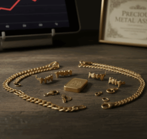 「Gold Jewelry Collection」の文字が入った画像。木製テーブルの上に、小さな金無垢インゴット（Fine Gold）、金の喜平ブレスレット、バラバラになった金歯（ブリッジやクラウン）が並べられている。背景には金相場の変動を示す赤いチャートが表示されたタブレットがあり、高松市の金買取専門店「TREVE」の専門的な査定イメージ。