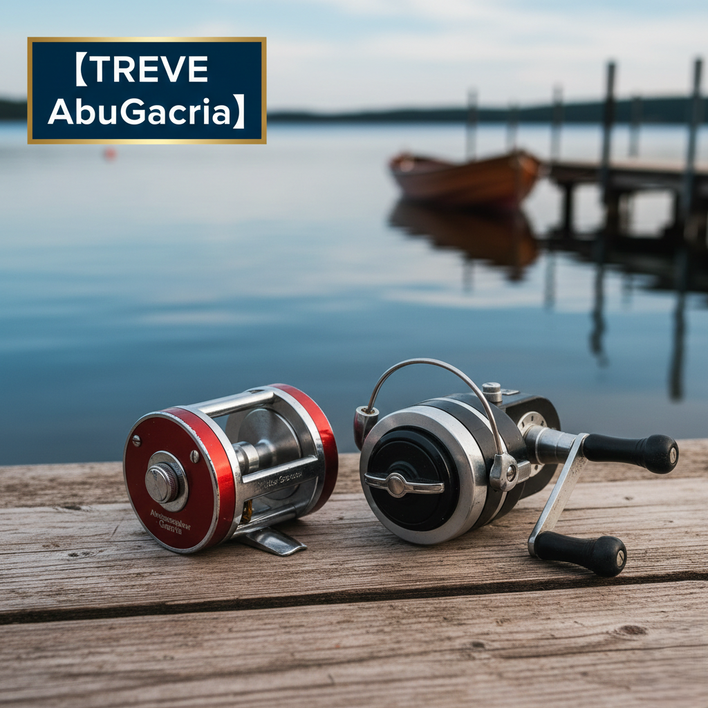 「【TREVE AbuGacria】」のネイビーとゴールドのロゴが左上に配された、穏やかな湖畔の桟橋。背景には静かな水面と一艘の小舟が浮かび、手前の木製デッキには、北欧の精密工学を象徴する2台のヴィンテージリールが置かれている。左には鮮やかなレッドサイドプレートが特徴的なベイトリール「アンバサダー（Ambassadeur）」、右には堅牢な造りのスピニングリール「カーディナル（Cardinal）」が、使い込まれた風合いとともに鎮座している。高松市の釣具買取専門店「TREVE」が、回転の滑らかさやドラグの効き、内部パーツのオリジナル性を厳密に鑑定し、世界中のコレクターに愛されるオールドアブの価値を正当に評価するイメージ。