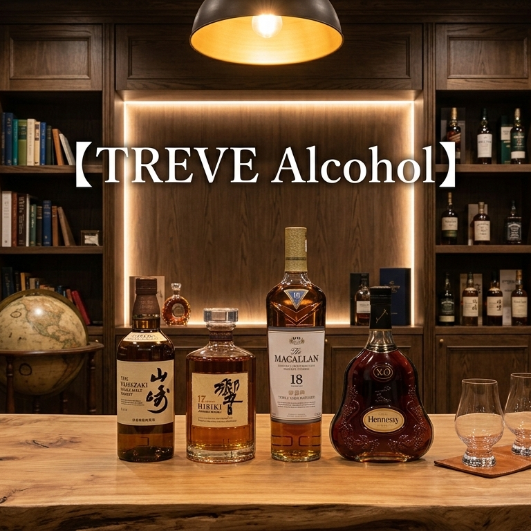 「【TREVE Alcohol】」のホワイトロゴが中央に配された、暖色系の照明が灯る落ち着いたバーカウンター風の査定デスク。一枚板のテーブルの上には、ジャパニーズウイスキーの最高峰「山崎」や「響 17年」、シングルモルトの「ザ・マッカラン 18年」、そしてコニャックの名門「ヘネシー X.O」のボトルが整然と並んでいる。背景には古書や地球儀が並ぶ重厚な書棚があり、高松市の買取専門店「TREVE」が、液面低下やラベルの保存状態を詳細に確認し、希少な古酒の価値を正当に鑑定するイメージ。