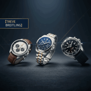 「【TREVE BREITLING】」のネイビーとゴールドのロゴが左上に配された、プロフェッショナルのための計器を象徴するシックなスタジオ。深い紺色のテクスチャ背景の中、ブライトリングを代表する3つのモデルが並んでいる。左には航空計算尺を備えたアイコニックな「ナビタイマー(レザーベルト)」、中央には屈強なケースとルーローブレスレットが輝く「クロノマット(コンビモデル)」、右には高い防水性を誇る「スーパーオーシャン(ラバーベルト)」が、まるで計器盤のように精密な造形美を見せている。高松市の時計買取専門店「TREVE」が、複雑機構の動作やクロノグラフの精度、微細なキズまで厳密に鑑定し、パイロットウォッチの代名詞であるブライトリングの価値を正当に評価するイメージ。