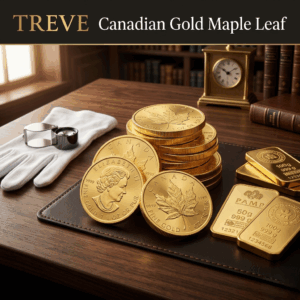 「【TREVE Gold Coin】」のロゴが配された、高級感のある査定デスク。中央にはカナダ王室造幣局発行の「メイプルリーフ金貨」が、1オンス、1/2オンス、1/4オンス、1/10オンスとサイズごとに専用ケースに入って並んでいる。金貨表面にはエリザベス2世の肖像、裏面にはサトウカエデの葉が精巧に刻印されており、純度99.99%(フォーナイン)の眩い輝きを放っている。傍らには鑑定用の白い手袋と、当日の金相場をチェックする端末が置かれ、高松市の資産鑑定専門店「TREVE」が、世界的な信頼を誇る地金型金貨のコンディションを精密に確認し、その日の国際相場に基づいた最高値を提示するイメージ。