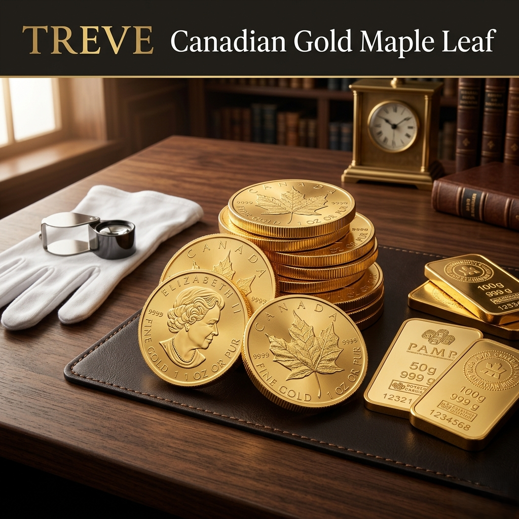 「【TREVE Gold Coin】」のロゴが配された、高級感のある査定デスク。中央にはカナダ王室造幣局発行の「メイプルリーフ金貨」が、1オンス、1/2オンス、1/4オンス、1/10オンスとサイズごとに専用ケースに入って並んでいる。金貨表面にはエリザベス2世の肖像、裏面にはサトウカエデの葉が精巧に刻印されており、純度99.99%（フォーナイン）の眩い輝きを放っている。傍らには鑑定用の白い手袋と、当日の金相場をチェックする端末が置かれ、高松市の資産鑑定専門店「TREVE」が、世界的な信頼を誇る地金型金貨のコンディションを精密に確認し、その日の国際相場に基づいた最高値を提示するイメージ。