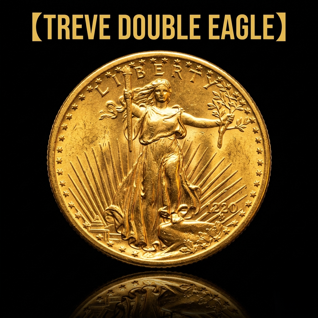 「【TREVE DOUBLE EAGLE】」のゴールドロゴが上部に配された、歴史的価値と高貴な輝きを際立たせるビジュアル。中央には、アメリカ合衆国が発行した伝説的な「20ドル ダブルイーグル金貨」が、その圧倒的な存在感を放っている。金貨表面には、自由の女神が松明とオリーブの枝を手に力強く前進するオーガスタス・セント＝ゴーデンスのデザインが精巧に刻印され、周囲の星や「LIBERTY」の文字、そして「1908」の年号が鮮明に写し出されている。高松市の資産鑑定専門店「TREVE」が、コインの真正性、グレード（保存状態）、そして世界的な希少価値を精密に鑑定し、国際オークション相場に基づいた最高値を提示するイメージ。