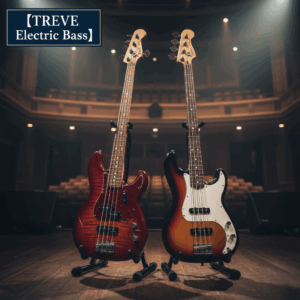 「【TREVE Electric Bass】」のネイビーロゴが左上に浮かぶ、重厚なコンサートホールのステージ上。スポットライトが美しく注ぐ中、ギタースタンドに立てられた2本のエレキベースが並んでいる。左側は、美しい木目のキルトメイプルトップに赤いシースルーカラーが映えるプレシジョンベースタイプ。右側は、王道の3トーンサンバーストカラーに白いピックガードを備えたジャズベースタイプ。高松市の楽器買取専門店「TREVE」が、ネックの反りやフレットの摩耗、ピックアップの出力、年代特有のパーツ構成を精密に鑑定し、プレイヤーの愛機を最高値で正当に評価するイメージ。