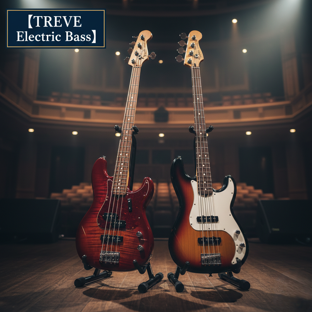「【TREVE Electric Bass】」のネイビーロゴが左上に浮かぶ、重厚なコンサートホールのステージ上。スポットライトが美しく注ぐ中、ギタースタンドに立てられた2本のエレキベースが並んでいる。左側は、美しい木目のキルトメイプルトップに赤いシースルーカラーが映えるプレシジョンベースタイプ。右側は、王道の3トーンサンバーストカラーに白いピックガードを備えたジャズベースタイプ。高松市の楽器買取専門店「TREVE」が、ネックの反りやフレットの摩耗、ピックアップの出力、年代特有のパーツ構成を精密に鑑定し、プレイヤーの愛機を最高値で正当に評価するイメージ。