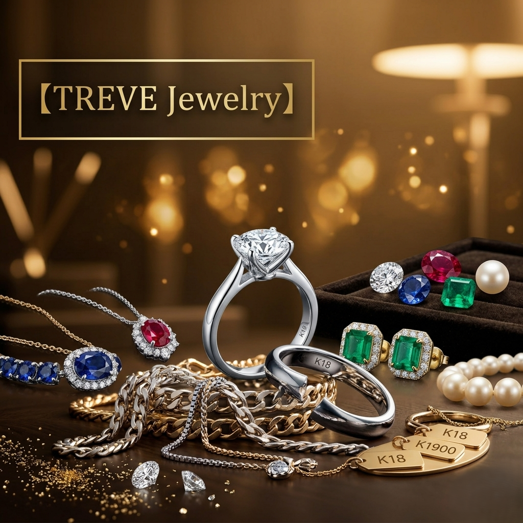 【TREVE Jewelry】」のゴールドロゴが左上に輝く、宝石の煌めきに満ちたラグジュアリーな空間。中央には大粒のダイヤモンドを配したプラチナのエンゲージリングが鎮座し、その周囲を鮮やかなエメラルドのピアス、深紅のルビーとサファイアのペンダント、艶やかなパールのネックレスが彩っている。手前にはK18刻印のリングや喜平チェーン、宝石のルース（裸石）が散りばめられ、背景の柔らかな光がボケて幻想的な雰囲気を演出している。高松市のジュエリー買取専門店「TREVE」が、ダイヤモンドの4C鑑定やカラーストーンの品質、地金の純度を精密に鑑定し、デザイン価値も含めた最高値を提示するイメージ。