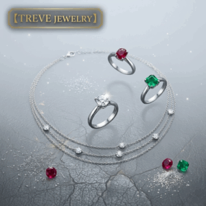 「【TREVE Jewelry】」のゴールドロゴが左上に輝く、宝石の美しさが際立つ洗練された査定ルーム。中央には大粒のエメラルドがセットされたプラチナリングと、気品溢れるサファイアのペンダントが配置されている。周囲にはルビーやダイヤモンドのルース（裸石）、鑑定用のピンセット、そして高品質を証明する鑑別書が添えられ、背景の柔らかなボケ光が幻想的な煌めきを演出している。高松市の宝石買取専門店「TREVE」が、色石の産地特定や加熱・非加熱の有無、カットの美しさを精密に鑑定し、デザイン価値を含めた国内最高水準の価格を提示するイメージ。