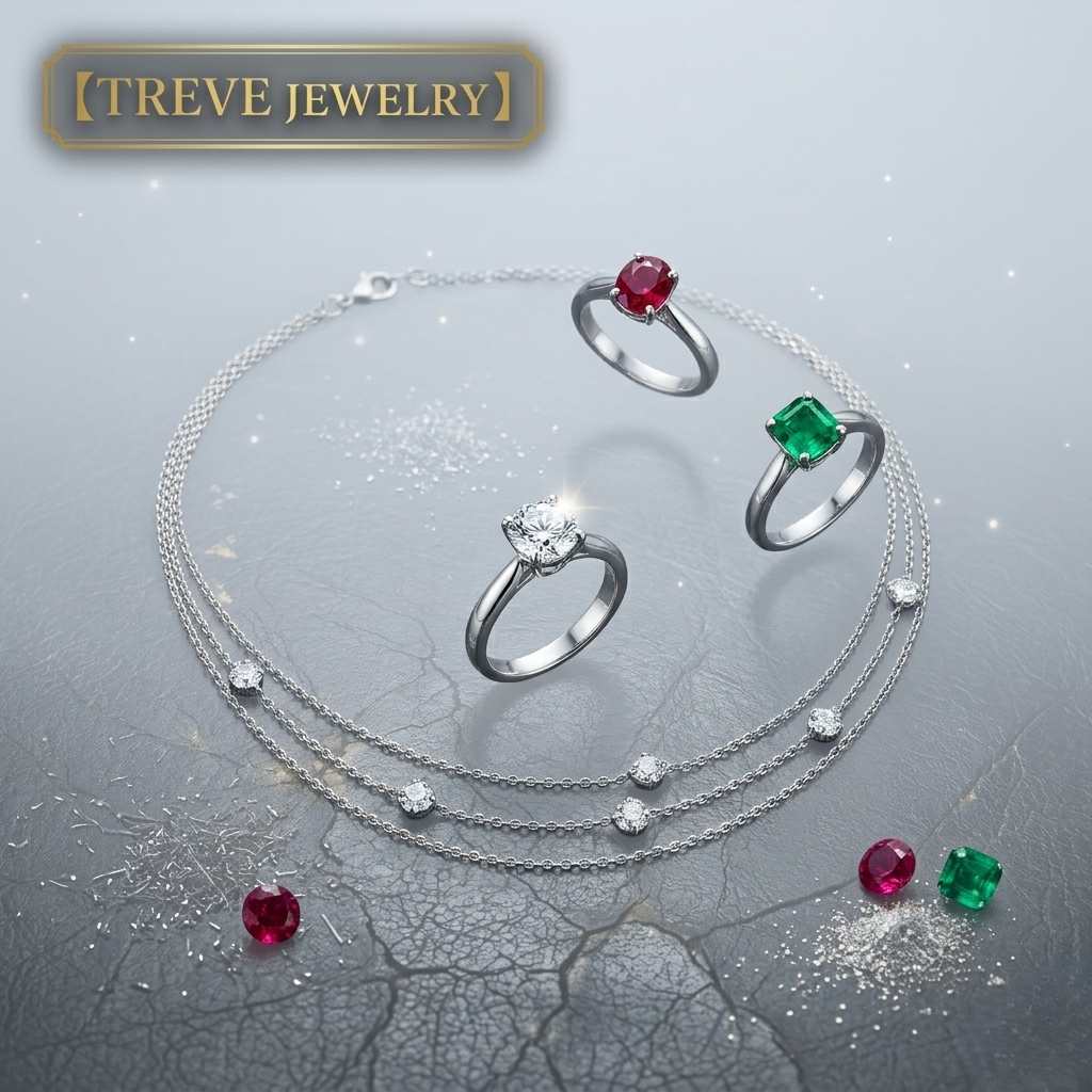 「【TREVE Jewelry】」のゴールドロゴが左上に輝く、宝石の美しさが際立つ洗練された査定ルーム。中央には大粒のエメラルドがセットされたプラチナリングと、気品溢れるサファイアのペンダントが配置されている。周囲にはルビーやダイヤモンドのルース（裸石）、鑑定用のピンセット、そして高品質を証明する鑑別書が添えられ、背景の柔らかなボケ光が幻想的な煌めきを演出している。高松市の宝石買取専門店「TREVE」が、色石の産地特定や加熱・非加熱の有無、カットの美しさを精密に鑑定し、デザイン価値を含めた国内最高水準の価格を提示するイメージ。