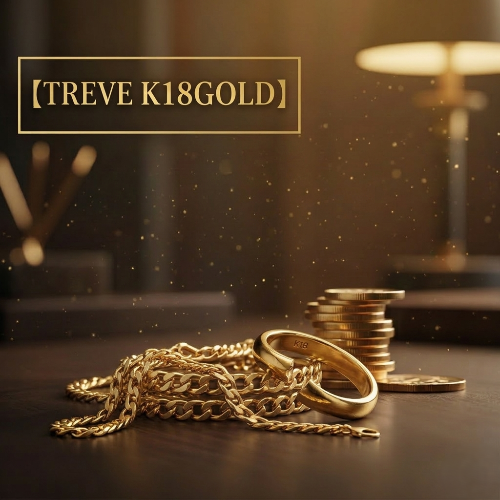 【TREVE K18GOLD】」のゴールドロゴが左上に配された、シックで高級感のあるラウンジのような空間。落ち着いた照明の下、ダークウッドのテーブルの上には、内側に「K18」の刻印が輝く太めのゴールドリングと、重厚な輝きを放つ喜平チェーンネックレスが置かれている。背景には積み上げられた金貨と、温かみのある光を放つモダンなスタンドライトがボケて写り、金粉が舞うような幻想的な演出が施されている。高松市の貴金属買取専門店「TREVE」が、最新の金相場を反映し、刻印の確認から純度計算、ダイヤモンドなどの石の価値まで厳密に鑑定して最高値を提示するイメージ。