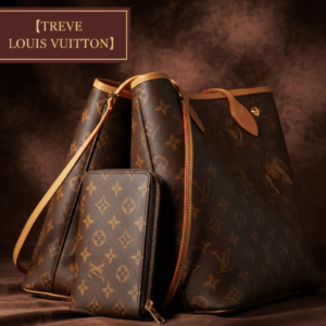 「【TREVE LOUIS VUITTON】」のゴールドロゴが左上に配された、深みのあるブラウンのベロア背景。中央には、ルイ・ヴィトンの象徴であるモノグラム・キャンバスを用いた不動の人気トートバッグ「ネヴァーフル（Neverfull）」と、その手前に収納力に優れた長財布「ジッピー・ウォレット（Zippy Wallet）」が美しくディスプレイされている。高松市のブランド買取専門店「TREVE」が、ヌメ革の焼け具合や角擦れ、金具の小傷、内部のベタつきまで細部を厳密に鑑定し、世界的な中古市場の需要に基づき、ヴィトンの定番アイテムを最高値で評価するイメージ。