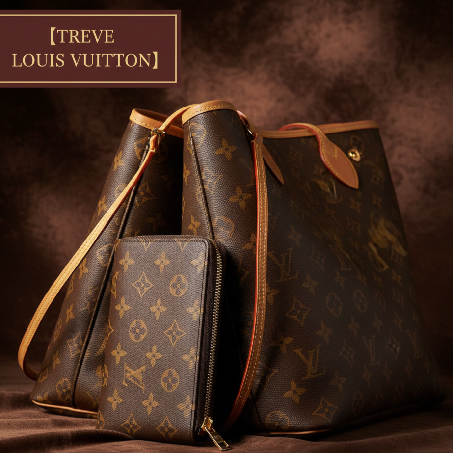 「【TREVE LOUIS VUITTON】」のゴールドロゴが左上に配された、深みのあるブラウンのベロア背景。中央には、ルイ・ヴィトンの象徴であるモノグラム・キャンバスを用いた不動の人気トートバッグ「ネヴァーフル（Neverfull）」と、その手前に収納力に優れた長財布「ジッピー・ウォレット（Zippy Wallet）」が美しくディスプレイされている。高松市のブランド買取専門店「TREVE」が、ヌメ革の焼け具合や角擦れ、金具の小傷、内部のベタつきまで細部を厳密に鑑定し、世界的な中古市場の需要に基づき、ヴィトンの定番アイテムを最高値で評価するイメージ。
