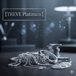 【TREVE Platinum】」のシルバーロゴが左上に配された、静謐で高級感あふれるモダンな査定スタジオ。落ち着いた寒色系の照明の下、ダークウッドのテーブルの上には、内側に「Pt950」の刻印が輝く重厚なプラチナリングと、繊細かつ堅牢な輝きを放つ喜平チェーンネックレスが置かれている。さらに、純度を示す「Pt950」「Pt900」「Pt850」のメタルプレートと、積み上げられたシルバーコインが添えられ、背景にはモダンなスタンドライトがボケて写り、幻想的な光の粒子が舞っている。高松市の貴金属買取専門店「TREVE」が、最新のプラチナ相場を反映し、熟練の鑑定士が刻印の真贋から地金の純度、セットされた宝石の価値まで精密に評価するイメージ。
