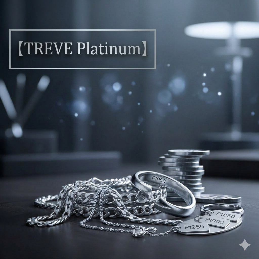 【TREVE Platinum】」のシルバーロゴが左上に配された、静謐で高級感あふれるモダンな査定スタジオ。落ち着いた寒色系の照明の下、ダークウッドのテーブルの上には、内側に「Pt950」の刻印が輝く重厚なプラチナリングと、繊細かつ堅牢な輝きを放つ喜平チェーンネックレスが置かれている。さらに、純度を示す「Pt950」「Pt900」「Pt850」のメタルプレートと、積み上げられたシルバーコインが添えられ、背景にはモダンなスタンドライトがボケて写り、幻想的な光の粒子が舞っている。高松市の貴金属買取専門店「TREVE」が、最新のプラチナ相場を反映し、熟練の鑑定士が刻印の真贋から地金の純度、セットされた宝石の価値まで精密に評価するイメージ。