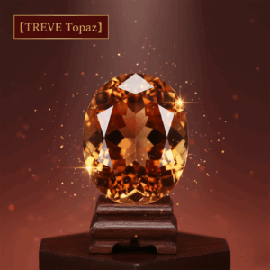 「【TREVE Topaz】」のゴールドロゴが左上に配された、深みのあるボルドーの背景。中央には、最高品質を象徴するシェリーカラーの輝きを放つ大粒の「オーバルカット・インペリアルトパーズ」が、重厚な木製台座に鎮座している。石の内部からは幾何学的な光の反射（ファイア）が溢れ出し、周囲に細かな光の粒子が舞っている。高松市の宝石買取専門店「TREVE」が、トパーズの色の濃淡、透明度、カットの精巧さを厳密に鑑定し、希少価値の高いカラーストーンを国内最高水準で評価するイメージ。