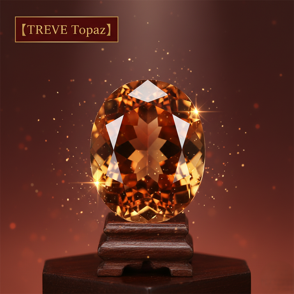 「【TREVE Topaz】」のゴールドロゴが左上に配された、深みのあるボルドーの背景。中央には、最高品質を象徴するシェリーカラーの輝きを放つ大粒の「オーバルカット・インペリアルトパーズ」が、重厚な木製台座に鎮座している。石の内部からは幾何学的な光の反射（ファイア）が溢れ出し、周囲に細かな光の粒子が舞っている。高松市の宝石買取専門店「TREVE」が、トパーズの色の濃淡、透明度、カットの精巧さを厳密に鑑定し、希少価値の高いカラーストーンを国内最高水準で評価するイメージ。