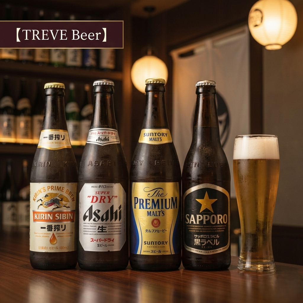 【TREVE Beer】」のシックなロゴが左上に配された、温かみのある提灯が灯る和モダンな居酒屋のカウンター。手前の木製テーブルには、日本の4大ビールメーカーを象徴する瓶ビールが美しく並んでいる。左から「キリン 一番搾り」、「アサヒ スーパードライ」、「サントリー ザ・プレミアム・モルツ」、「サッポロ 黒ラベル」の4本。右端には、黄金色に輝き、きめ細やかな泡が乗ったグラスビールが添えられ、背景の棚には数多くの銘酒が並んでいる。高松市のお酒買取専門店「TREVE」が、賞味期限の鮮度やラベルのコンディション、贈答用ケースの有無を厳密に確認し、大量在庫からギフトセットまでを最高値で評価するイメージ。