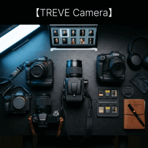 「【TREVE Camera】」のロゴが上部に配された、プロフォトグラファーの編集デスクを彷彿とさせる洗練された暗色系の査定空間。黒い木目調のテーブルの上には、ソニー（SONY）のαシリーズや、キヤノン（Canon）のEOS Rシリーズなど最新のミラーレス一眼カメラ、そして中央には圧倒的な存在感を放つハッセルブラッド（HASSELBLAD）の中判カメラが配置されている。背景のノートPCには撮影データのセレクト画面が表示され、周囲にはメモリーカードケース、レザーの手帳、レンズ、ヘッドホンが整然と並んでいる。高松市のカメラ買取専門店「TREVE」が、最新のセンサー状態、シャッター回数、レンズの光学性能を精密に鑑定し、プロ・ハイアマチュア機材を世界基準の最高値で評価するイメージ。