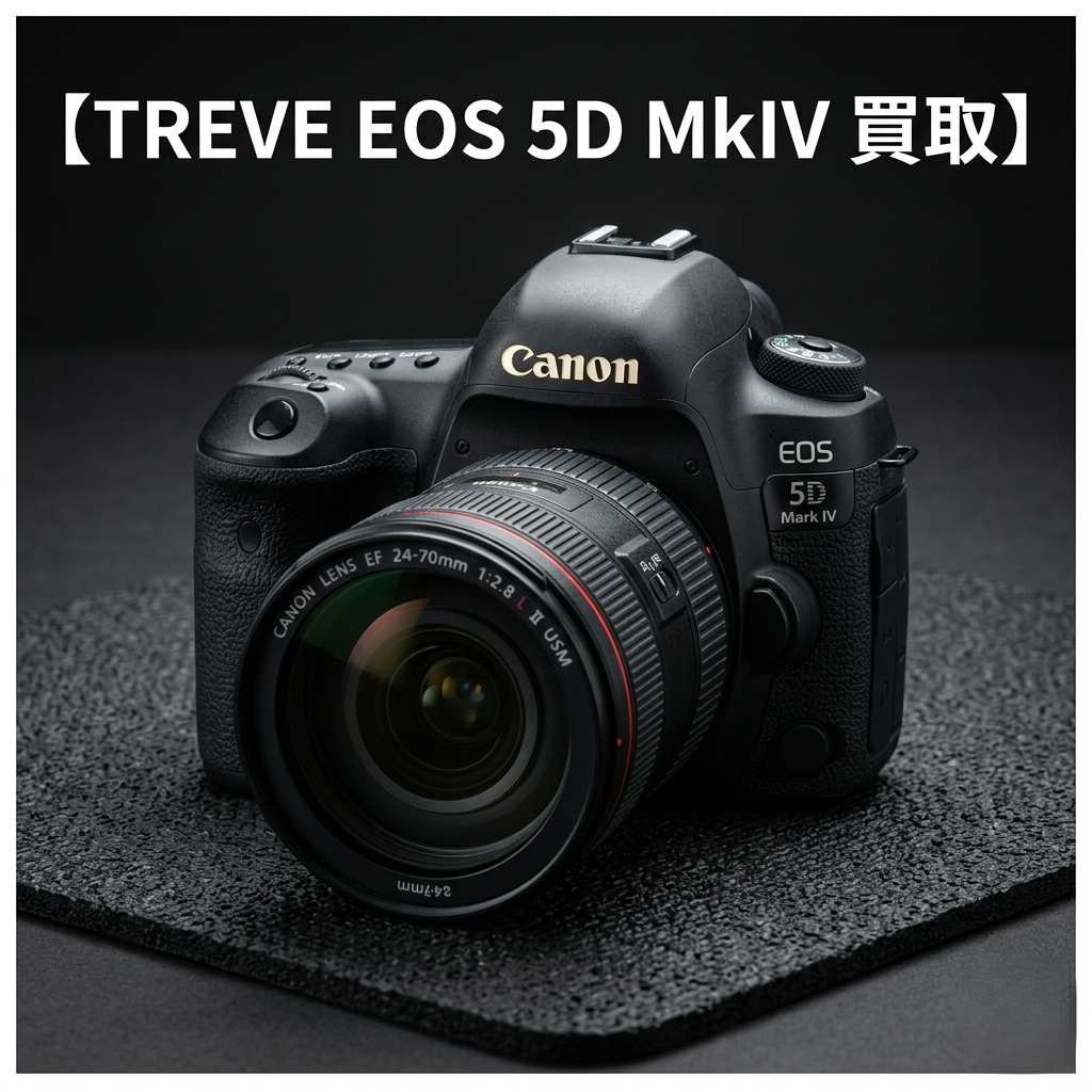 「【TREVE EOS 5D MkIV 買取】」の白いロゴが上部に配された、プロ仕様の撮影機材を象徴するビジュアル。中央には、キヤノンのフルサイズデジタル一眼レフの名機「EOS 5D Mark IV」が、大口径標準ズームレンズ「EF 24-70mm F2.8L II USM」を装着した状態で、質感を際立たせる黒いラバーマットの上に鎮座している。ボディの堅牢なマグネシウム合金の質感や、レンズの「Lレンズ」を象徴する赤いラインが鮮明に写し出されている。高松市のカメラ買取専門店「TREVE」が、シャッター回数、センサーのクリーン状態、レンズのカビ・曇りの有無を精密に鑑定し、最新の中古市場相場に基づいた最高値を提示するイメージ。